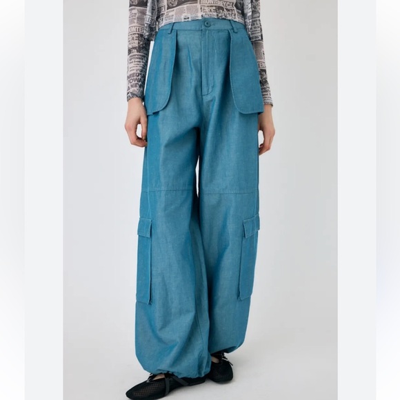 MOUSSY Out Pocket Bag Blue Cargo Pants Cotton Linen Elastic Waist Stacking SZ 1 - Picture 1 of 16
